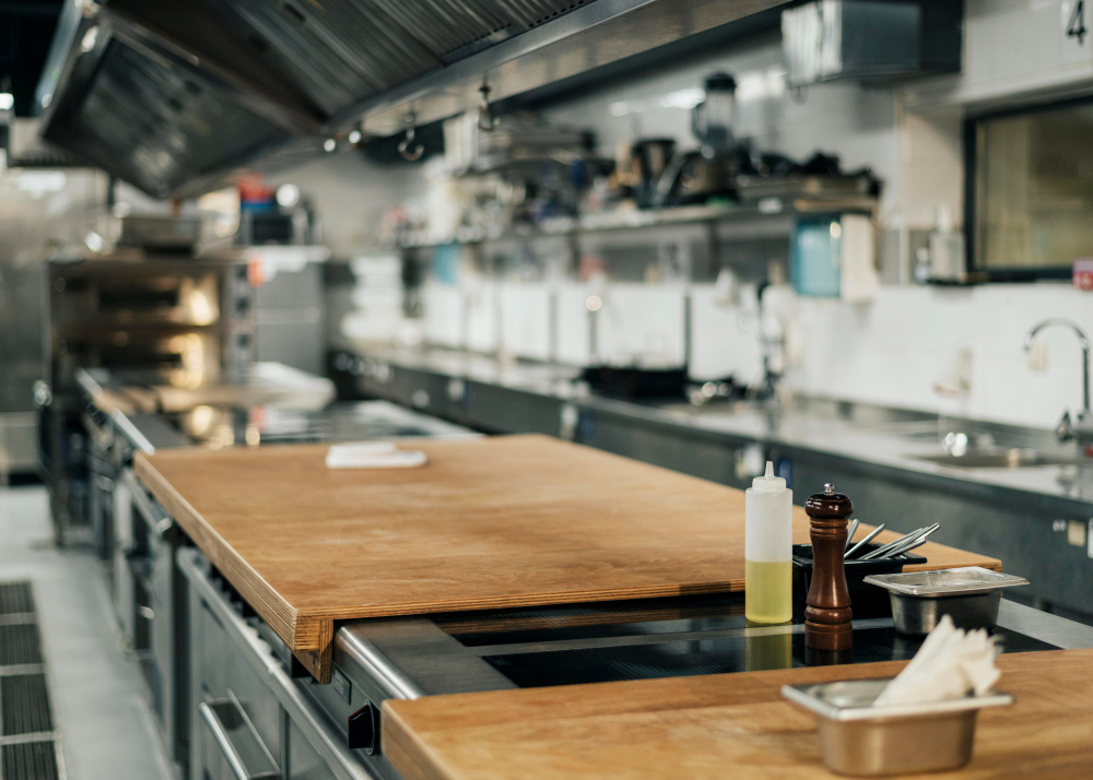 Professional kitchen with wooden worktop