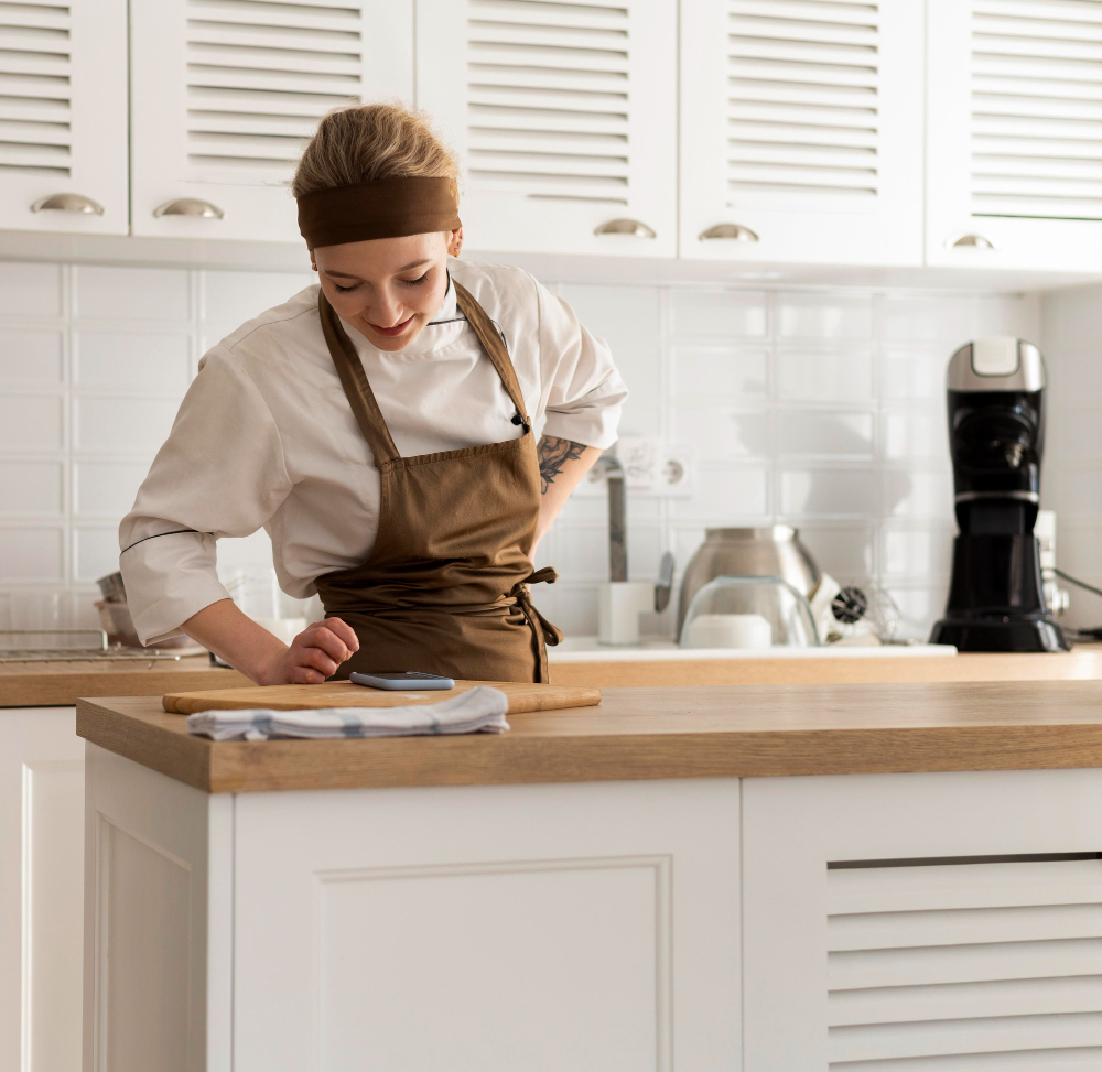 female chef in the kitchen looking at a recipe on the phone